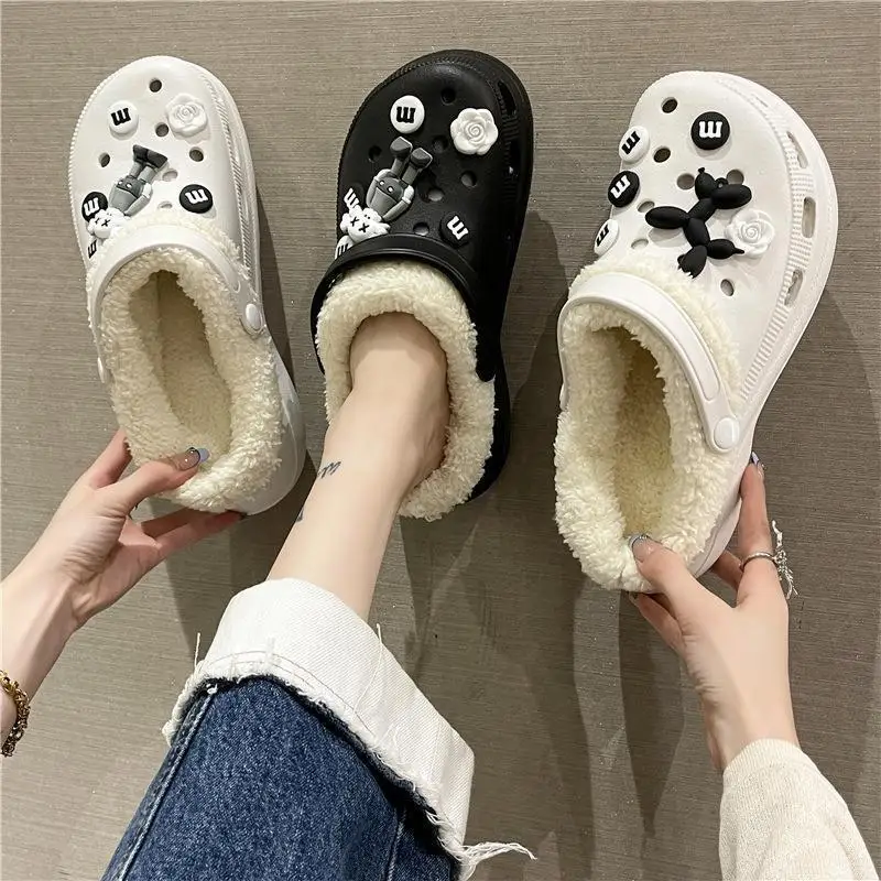 

Winter Women Clogs Slippers Warm Furry Slippers Unisex Outdoor Indoor Home Cotton Shoes Men Casual Fluff Slides Plush Fur