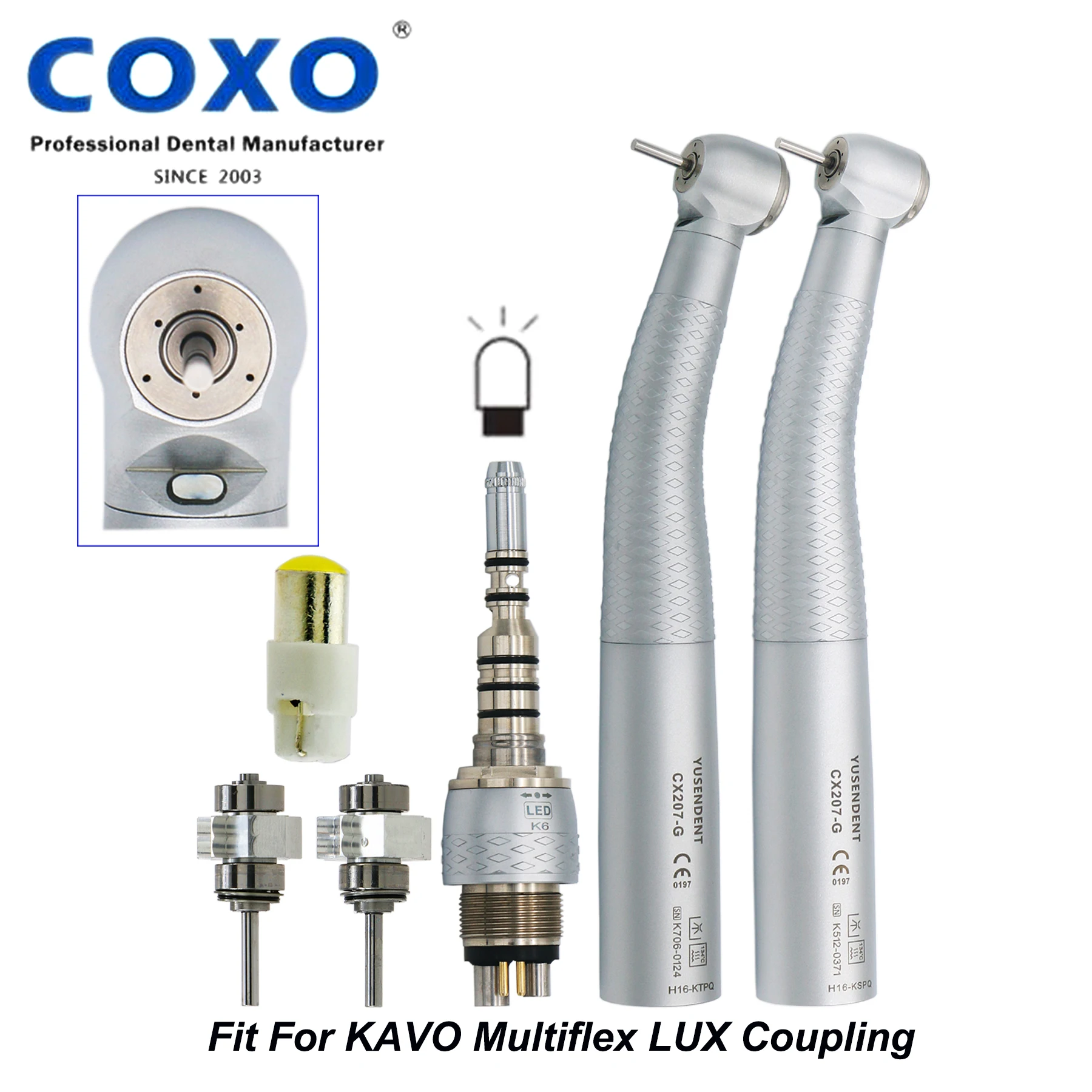 

COXO YUSENDENT Dental Fiber Optic LED High Speed Air Turbine Handpiece Fit KaVo Multiflex LUX Coupling Coupler 6Holes 6Pin