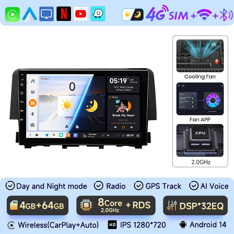 

JIUYIN Android 13 автомобильный мультимедийный DSP для Honda Civic 10 2016-2021 радио видеонавигация стерео головное устройство IPS экран Carplay
