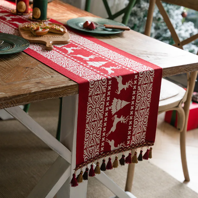 

Christmas Table Runner with Tassels Yarn-dyed Jacquard Xmas Snowman Table Cloth Table Runner for Dining Home Table Decoration