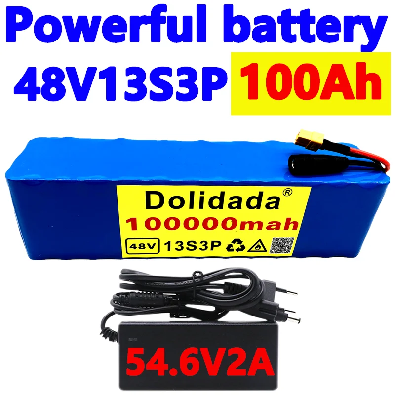 

100% new lithium-ion battery 13S3P 48V 100Ah XT60 100000W suitable for 54.6V electric bicycles, with built-in BMS and charger