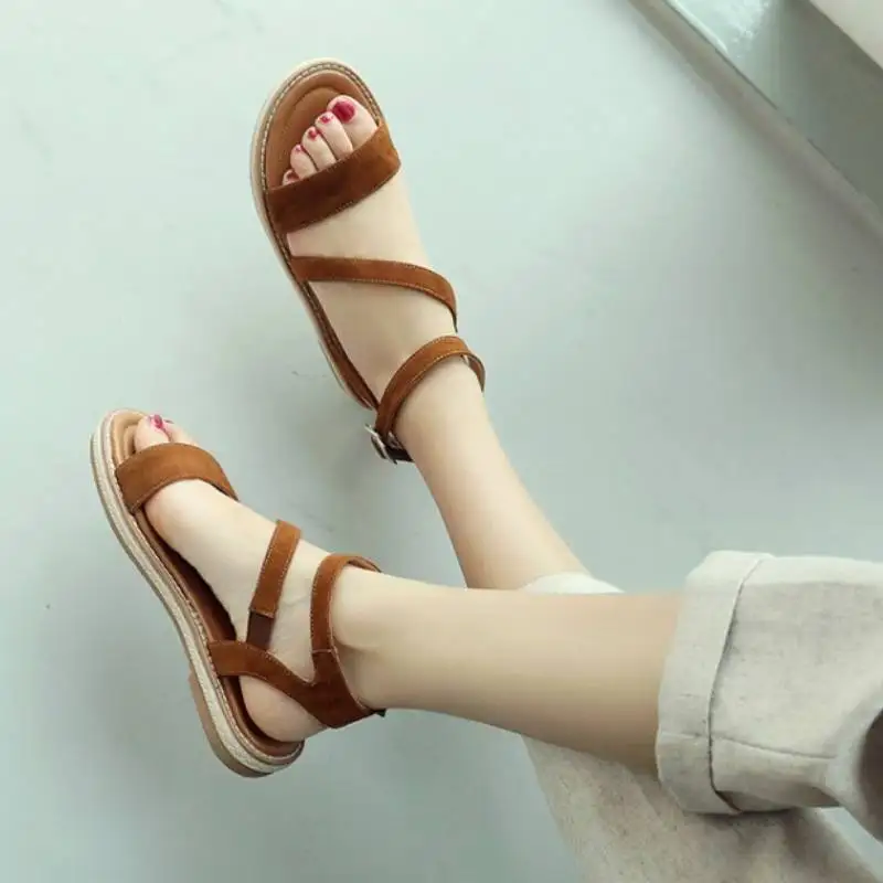 

Women Sandals Shoes Size 34-43 Fashion Flat Heels Solid Color Shoes Women Leather Metal Buckle Footwear