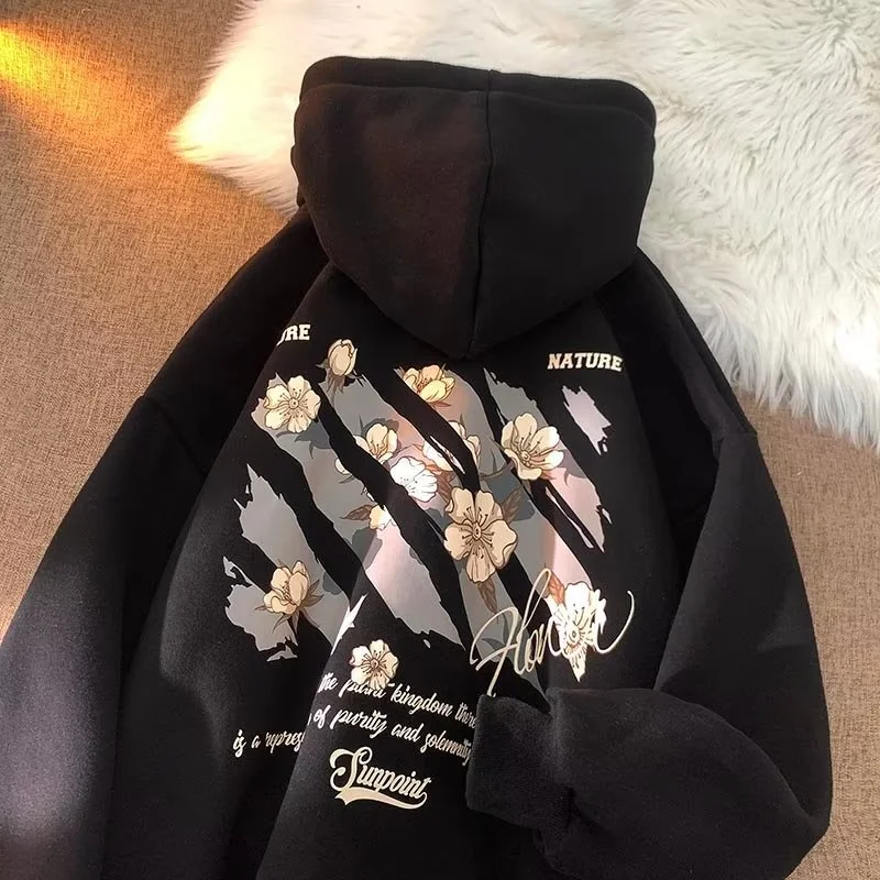 

M-8XL Korean Men Flower Letter Print Hoodie Oversize Loose Long Sleeve Student Hooded Sweater Autumn Outerwear Unisex