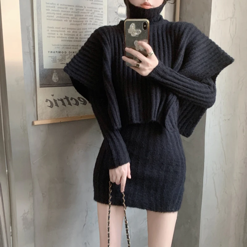 

Fashion Dress Suit Two Piece Set Women Turtleneck Temperament Shawl Bodycon Mini Dresses Outfits Y2k Clothes Korean Knit Sets