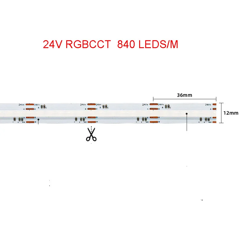 5 м 24 В светодиодная лента Cob RGBCCT RGBCW в 1 20 Вт/м 840 светодиодов/м RGB + 2700k-6500k Гибкая