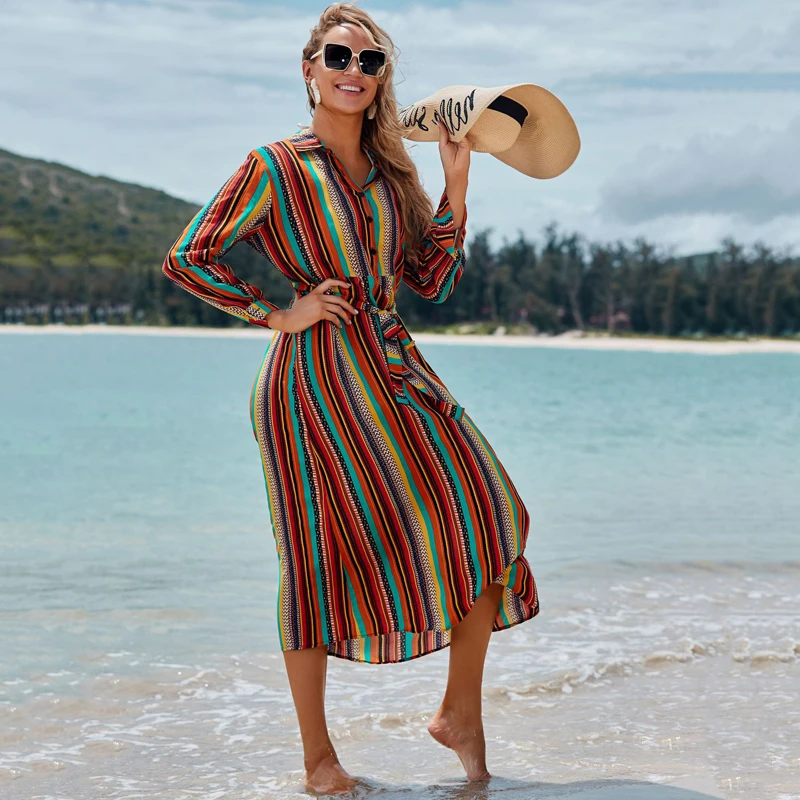 

Женский летний костюм, длинное платье, пляжная одежда 2022, туника для пляжа, хлопковая рубашка в полоску с застежкой, наружная накидка, бикини...