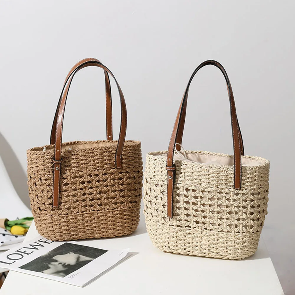 Beach Crochet Handbag For Women Girls Summer Straw Rope Hollow Out Hand Woven Totes Bag Women's Hollow Knitting Handbag Purses