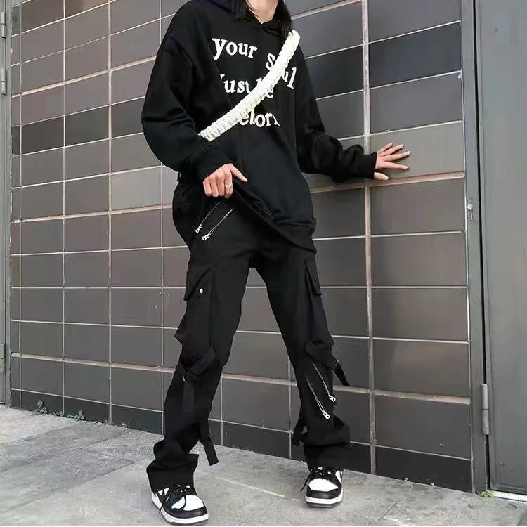 

Брюки-карго мужские в стиле хип-хоп, модные штаны на молнии в стиле панк, черные брюки-карго в стиле хиппи, уличная одежда в стиле Харадзюку, ш...