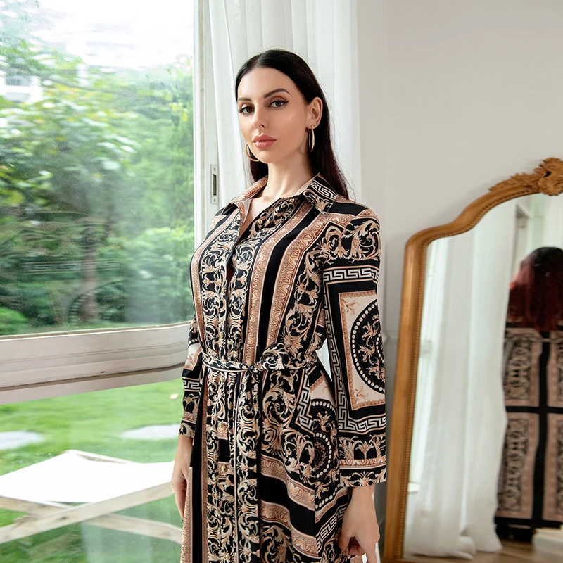 Women's Muslim Abaya Dubai Dress 2022 Printed Long Sleeve Maxi Islamic Moroccan Arabic Turkey New Jalabiya Dresses For Eid Robe