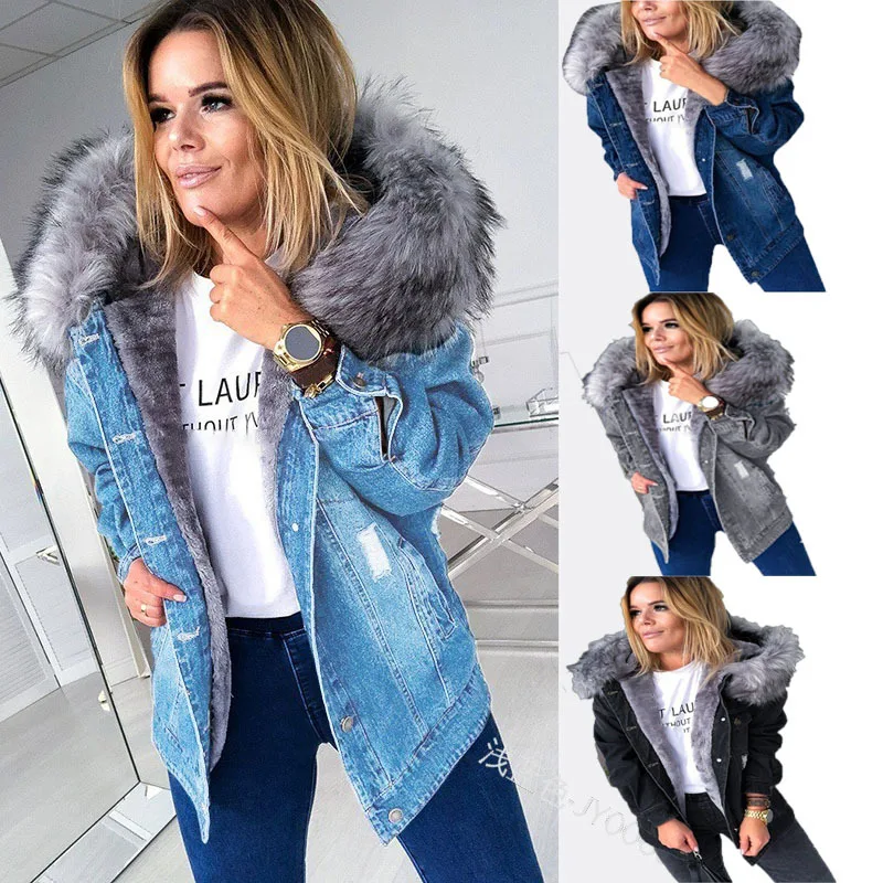 

New fleece collar women's thickened padded denim jacket