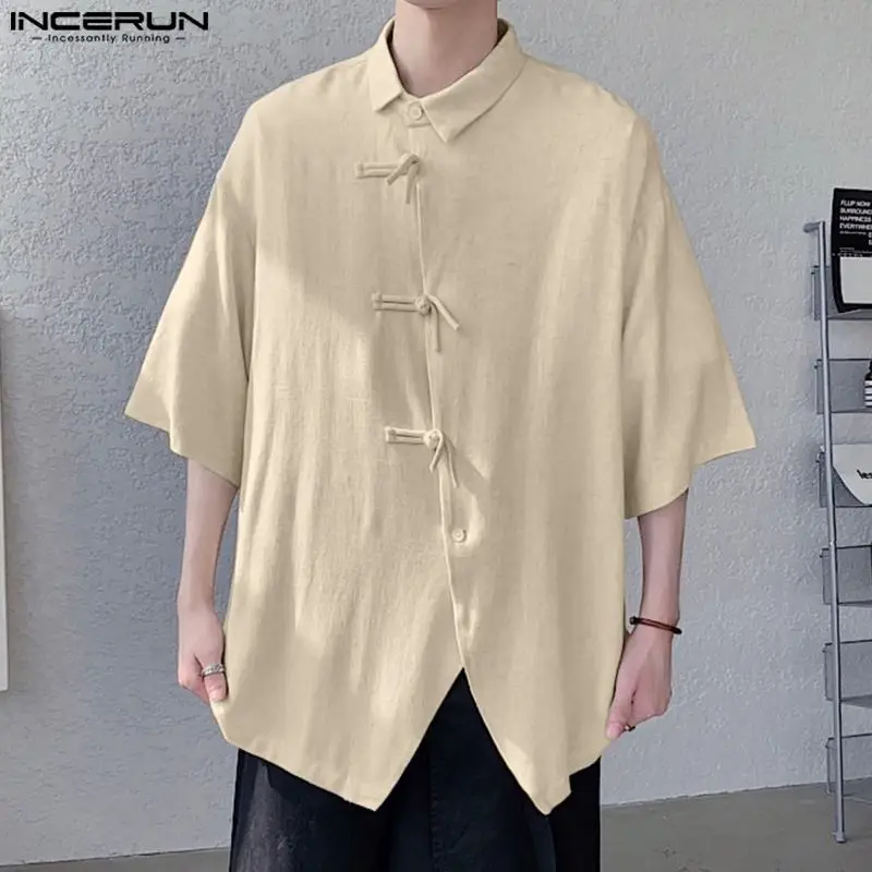 

Красивые хорошо облегающие Топы INCERUN, новая мужская блузка из хлопка и льна с пряжкой, уличная одежда, рубашки с коротким рукавом и асимметричным подолом