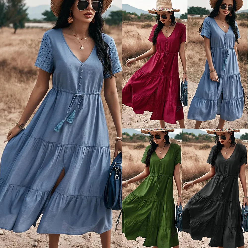 

Newly Women's Short Hollow Sleeve Dress V-neck Waist Drawstring Design High Waist Loose Flowy Splitting Swing Dress for Summer