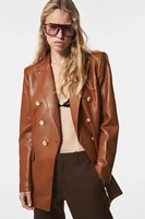 women fashion with buttoned faux leather blazer coat vintage long sleeve flap pockets female veste femme