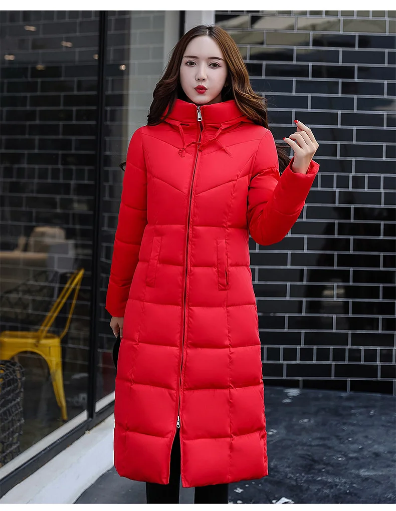 Thickened and lengthened warm and slim women's hooded knee length winter Korean