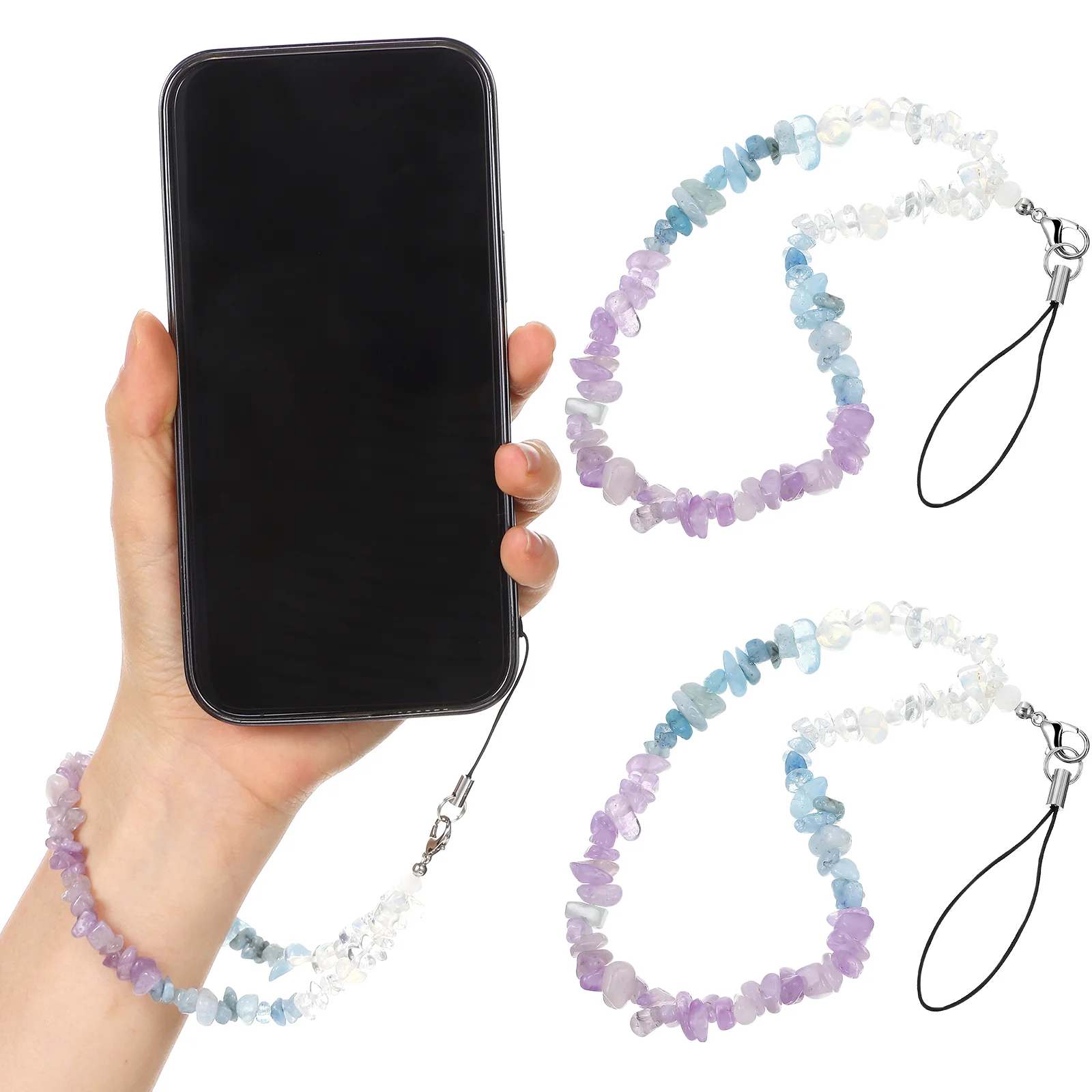 

2 Pcs Lanyard Phone Charm String Wrist Strap Keys Short Crystal Stone Chain Lanyards