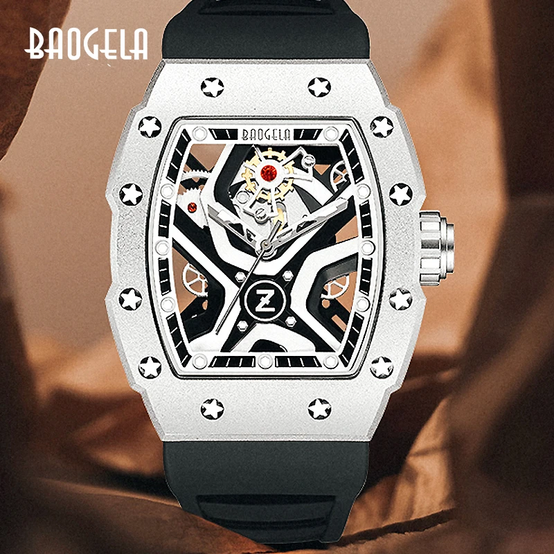 BAOGELA Top Brand Luxury Mens Watches Sport Stainless Steel Tonneau Dial Military Sport Wristwatch Silicone Strap Dropship 4143