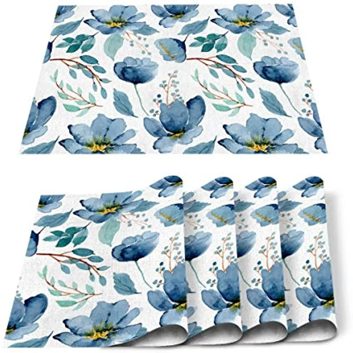 

Watercolor Floral Blue Indoor Placemat Set of 6, Non-Slip Placemats for Kitchen/Dining Table/BBQ/Patio/Parties