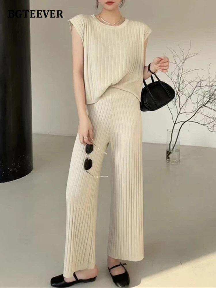 

BGTEEVER Summer Stylish Women Knitted 2 Pieces Set O-neck Sleeveless Pullovers Tops & Elastic Waist Wide Leg Trousers