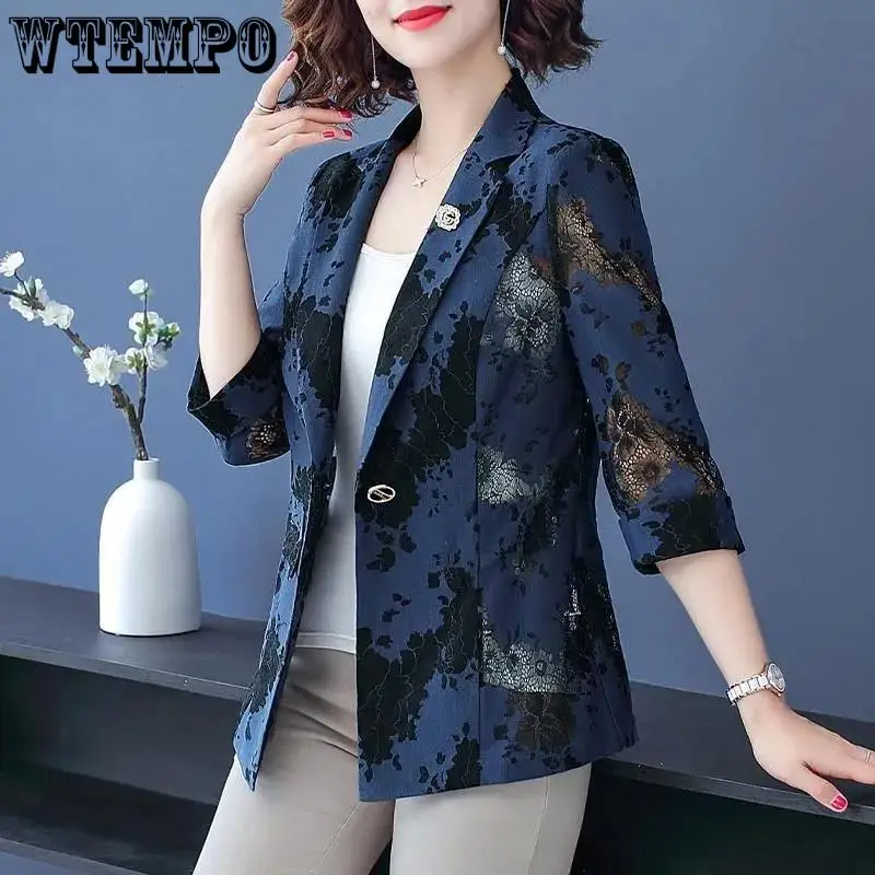 WTEMPO Women Blue Blazers Chic Tops Long Sleeve Women's Jacket Lace Suits Outerwear Stylish Tops Drop Shipping