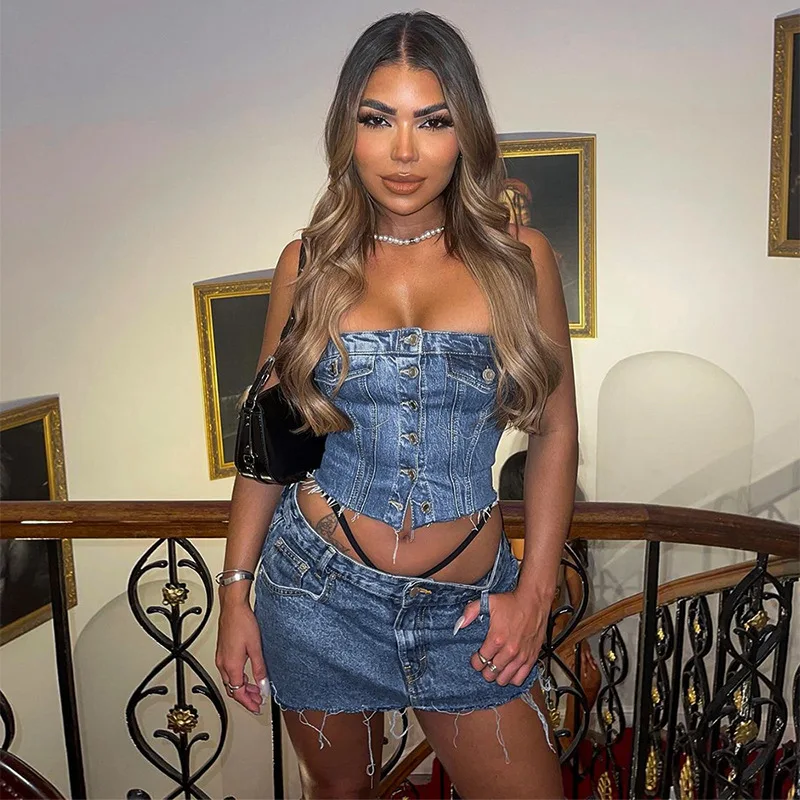 

Женский комплект из двух предметов, джинсовый однобортный комплект без бретелек и мини-юбка на пуговицах, спортивный костюм из двух предметов, осень 2023