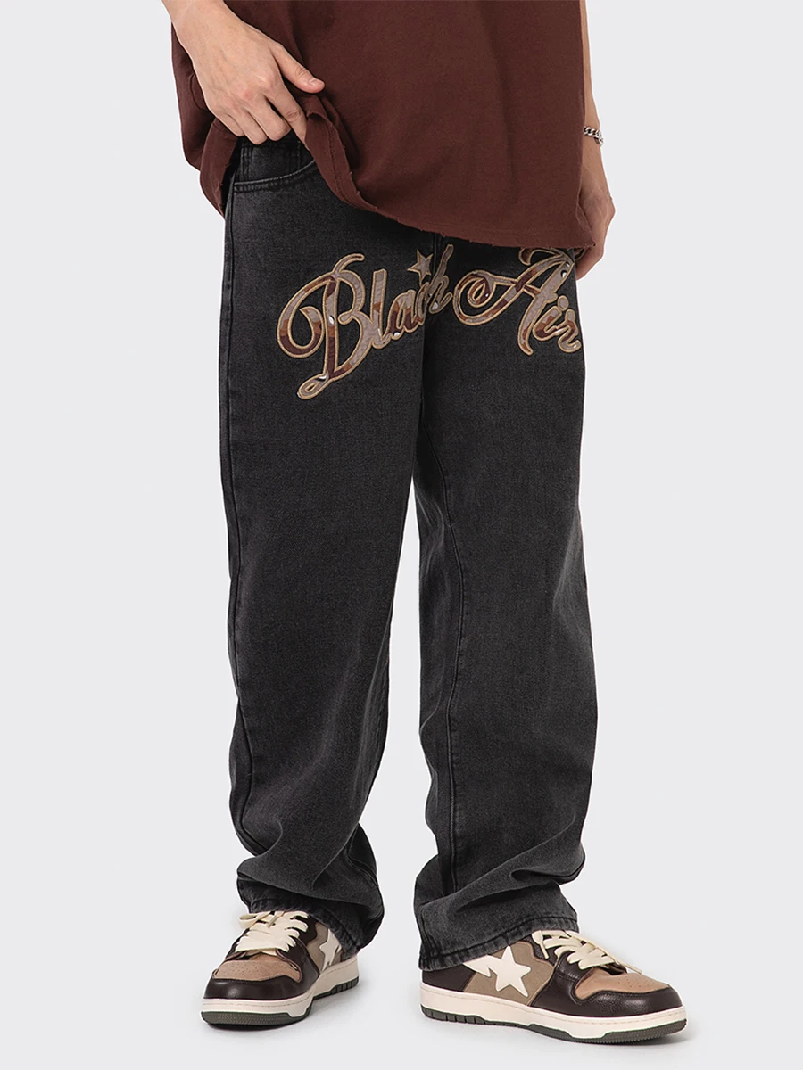 Four Seasons Loose Jeans American Street Print Letter Star Print Men's and Women's Hip-Hop High Street Loose Casual Pants Denim