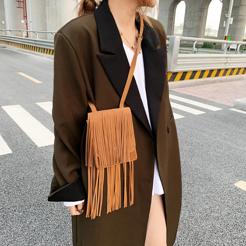 

Cute female messenger bag tassel sling bags for women mini crossbody phone bags nubuck leather crossbody bag ladies handbag