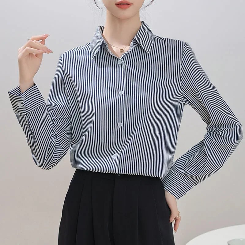 Модная женская рубашка с отложным воротником полосатая длинным рукавом блузка