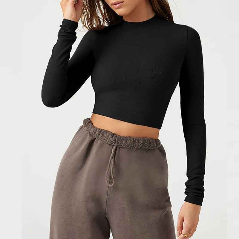 

Autumn New Women Retro Crop Tops High Waist Slimming Stretch Short Long Sleeve T-Shirts Bottoming Top of Ladies