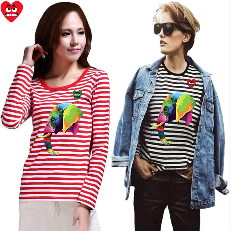 Женская полосатая футболка Break Egg хлопковая с вышитым слоном и длинными рукавами