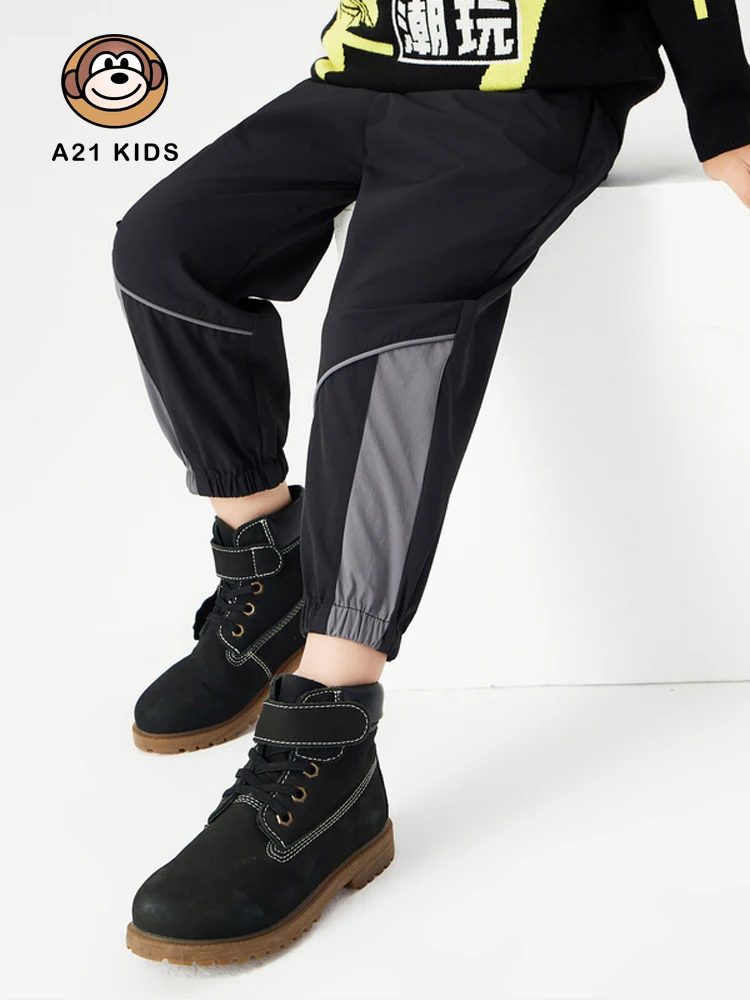 

A21 Boy's Clothing Woven Elastic Belt Trousers 2022 Autumn New Fashion Stitching Small Feet Sports Overalls Pants Sweatpants