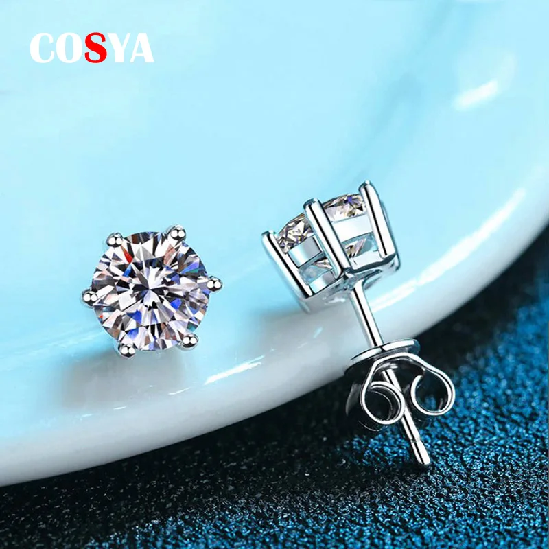 COSYA 925 Sterling Silver Real Moissanite Earrings 0.3-2 Carat Diamond 6 Claws Stud Earring For Women Wedding Party Fine Jewelry