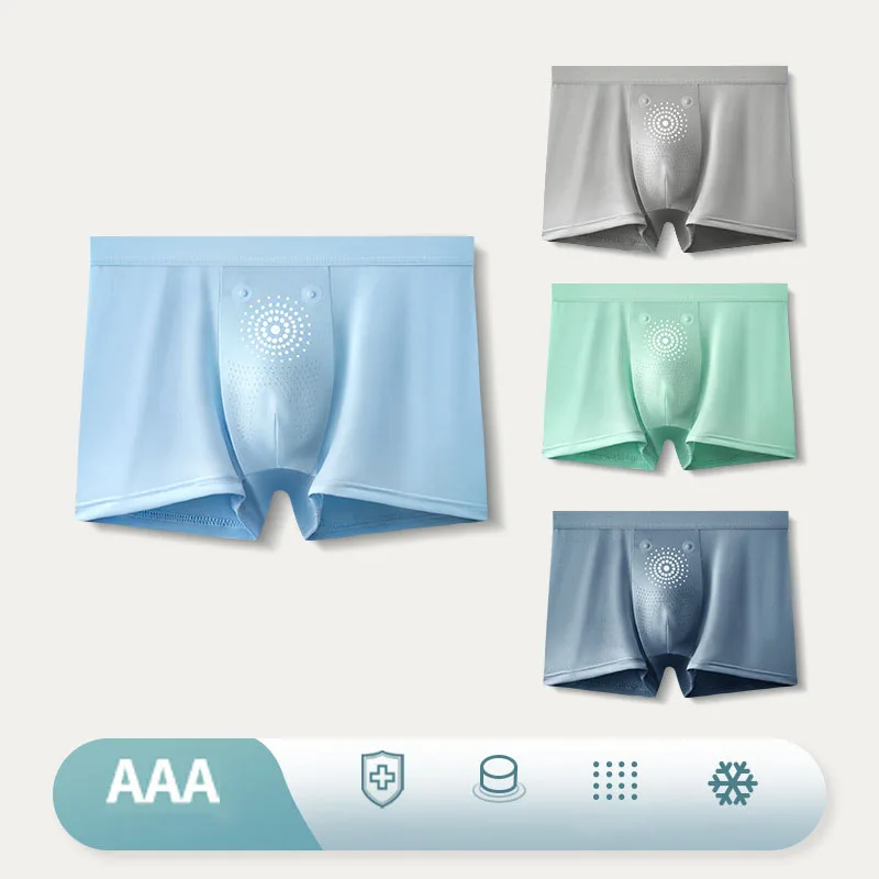 Men's Ice Silk Panties Seamless Boxer Shorts Graphene Antibacterial Magnetic Underwear for Men Size Large Breathable 3PC
