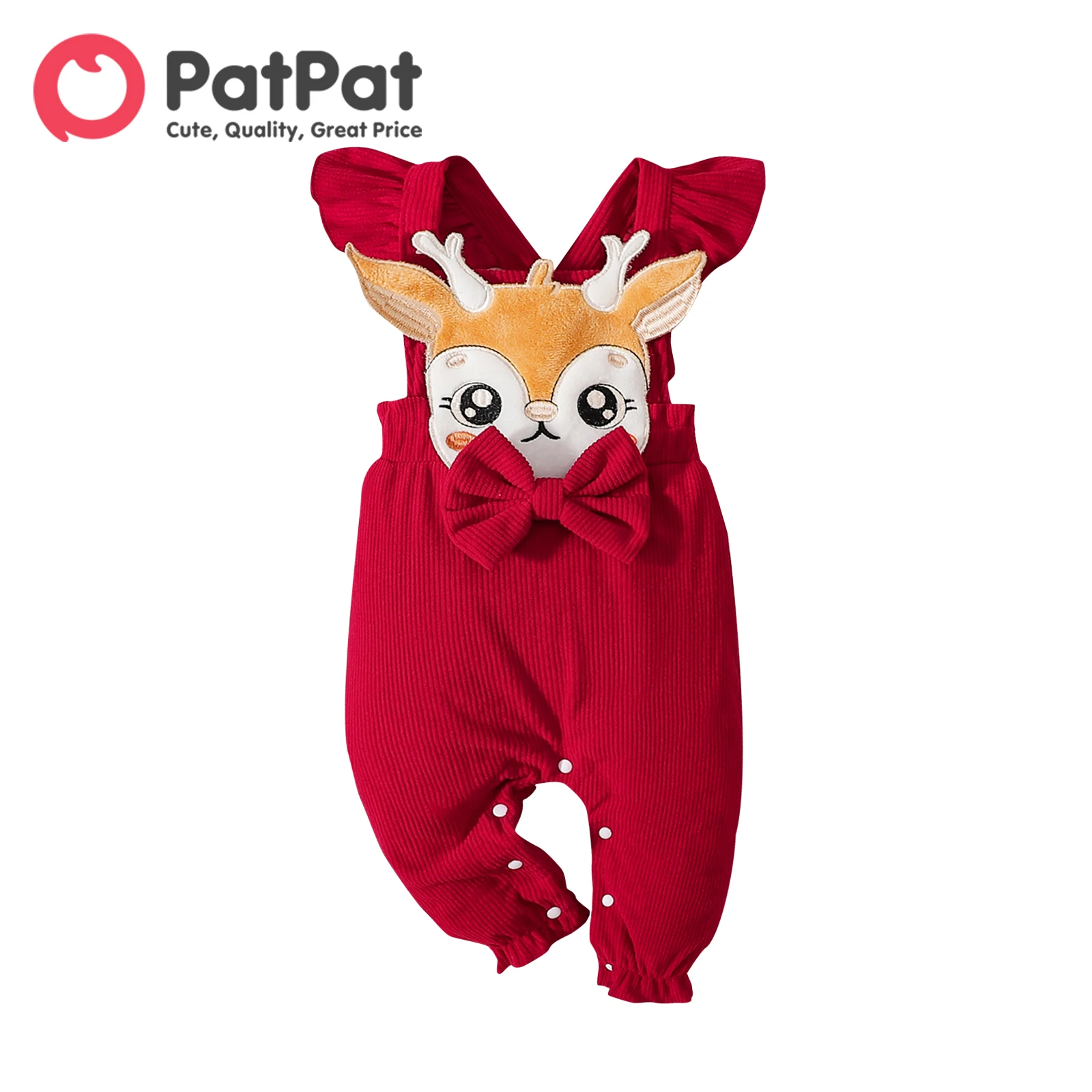 

PatPat Christmas Baby Girl Deer Graphic Red Corduroy Flutter-sleeve Bow Front Overalls