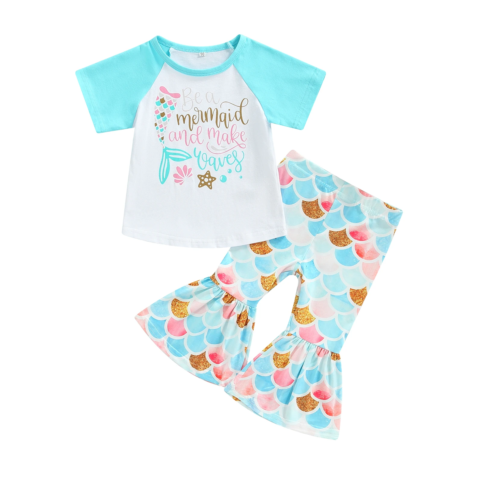 

Рубашка Lioraitiin для маленьких девочек от 0 до 6 лет, модная одежда из 2 предметов, рубашка с короткими рукавами, брюки-клеш в виде рыбьей чешуи, ...