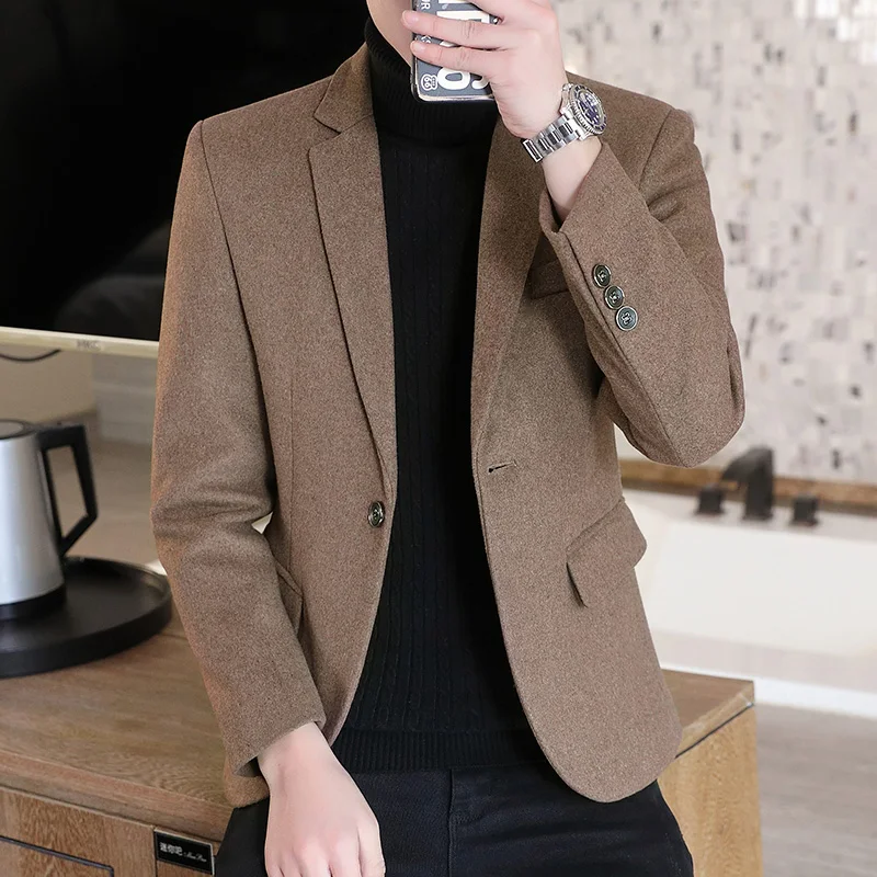 High Quality Men's Suit Coat Single Button Business Casual Wool Blended Suit Jacket Autumn/Winter Thick Men's Blazer Plus Size