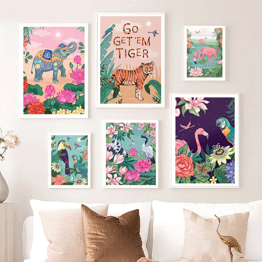 Настенная Картина на холсте со слоном тигром фламинго цветком попугаем павлином