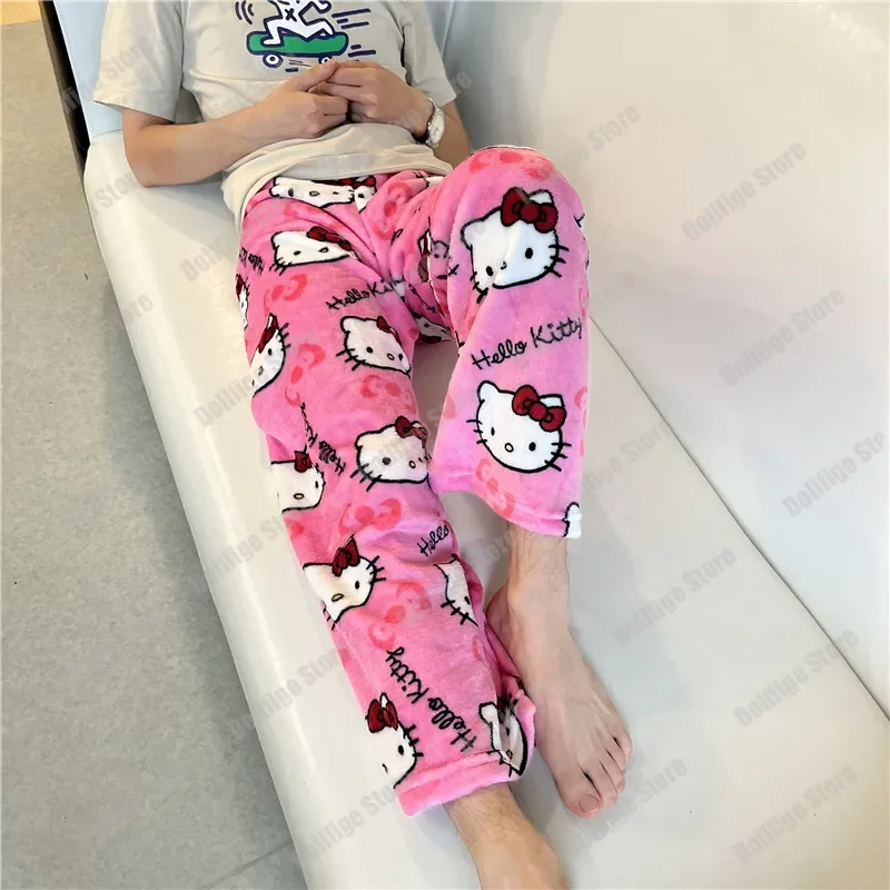 

2023 New Sanrio Hello Kitty Pajamas Pants Anime Flannel Women Warm Woolen Cartoon Casual Home Pants Autumn Fashion Trousers