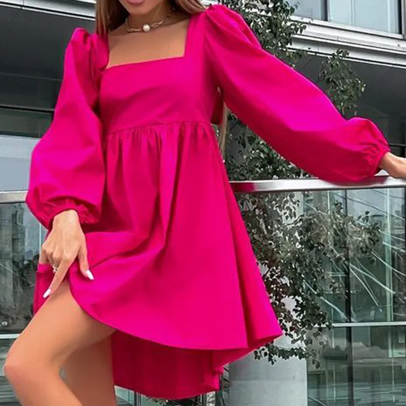 

Женское платье-мини с длинным рукавом-фонариком, квадратным вырезом и бантом