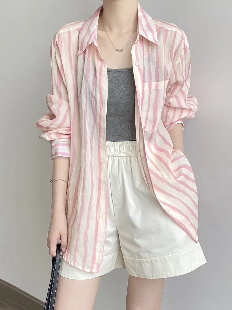 

Loose Linen Korean Version Vertical Striped Pockets Long Sleeve Shirt 2023 Summer and Autumn New Thin Sunscreen Top