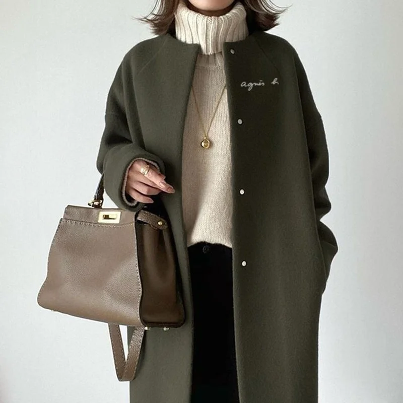 

Japanese Korean OVercoat 2023 Winter Fashion Light Nature Wind Loose Mid-length Patchwork Pocket Office Lady Elegant Thin Coat
