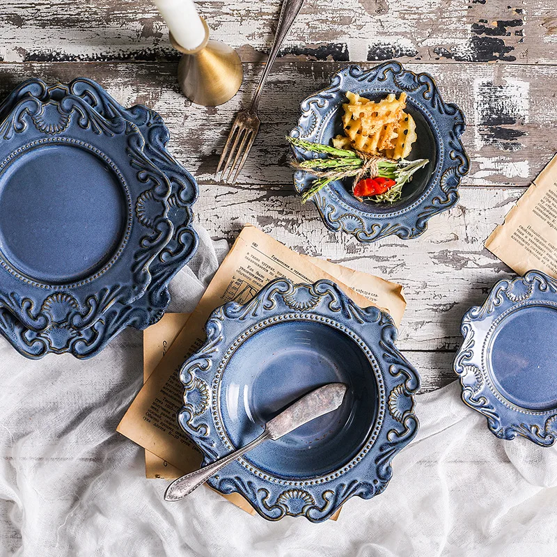 

Creative Baroque Ceramic Tableware Dish Western Food Dish Salad Embossed Bowl Soup Bowl White Glaze Dinnerware Set Plates