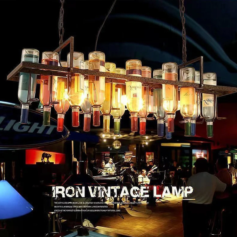 

American Industrial Retro Chandeliers Rust Color Metal Wine Bottle LED Hanglamp Pendant Lights Restaurant Cafe Bar LOFT Vintage