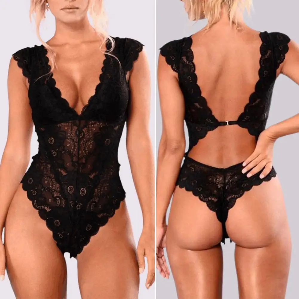 

Ladies Stylish Cut-out Petal Edge Bodysuit Pajama One Piece Bodysuit Underwear Hollow Out for Valentines Day