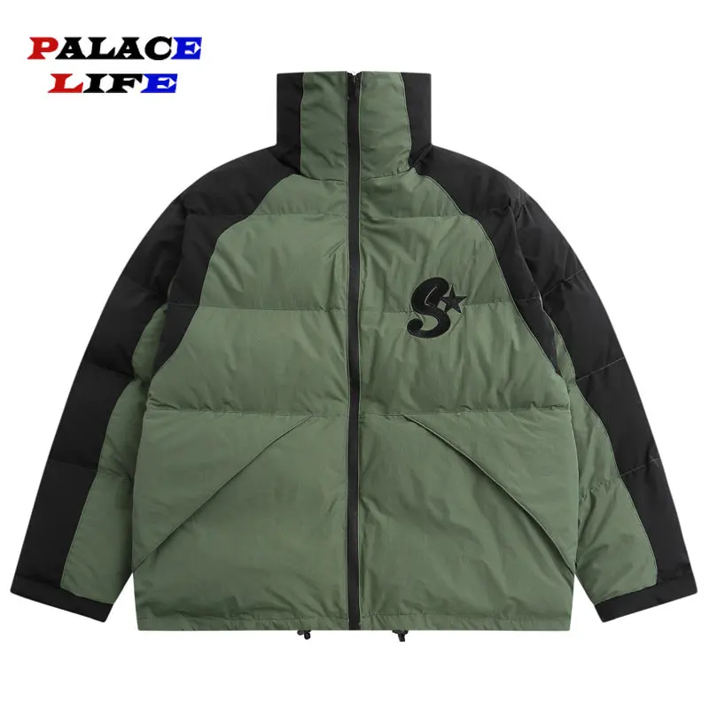 Vintage Streetwear Down Jacket Men Winter Letter Embroidery Color Patchwork Loose Casual Warm Stand Collar Coat Down Jackets