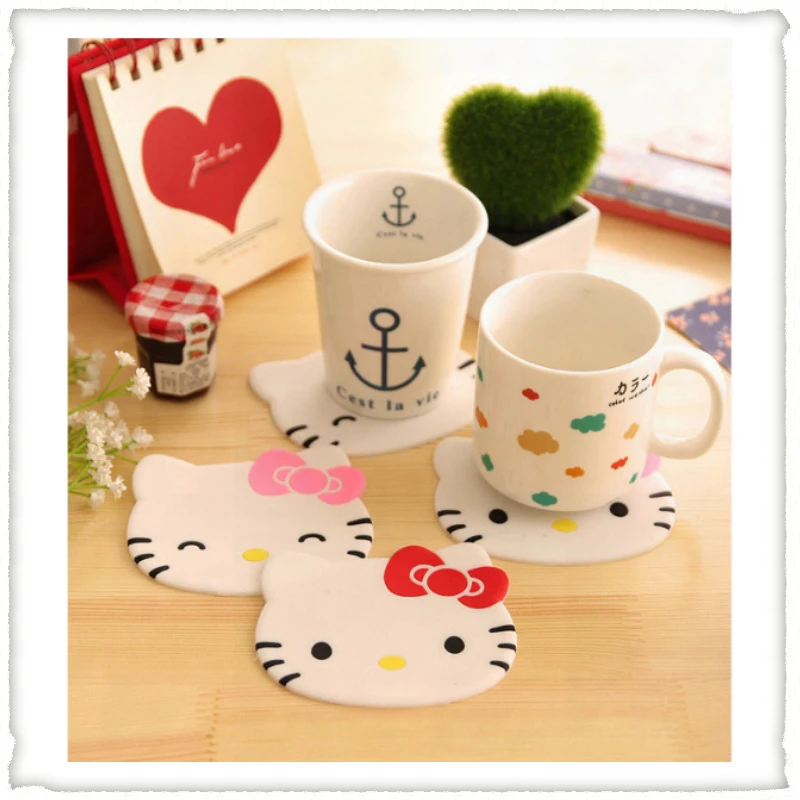 

New Sanrio Kawaii Hello Kitty Cartoon Coaster Cup Heat Insulation Mat Cute Pink Cat Coaster Anime Accessories Room Decoration