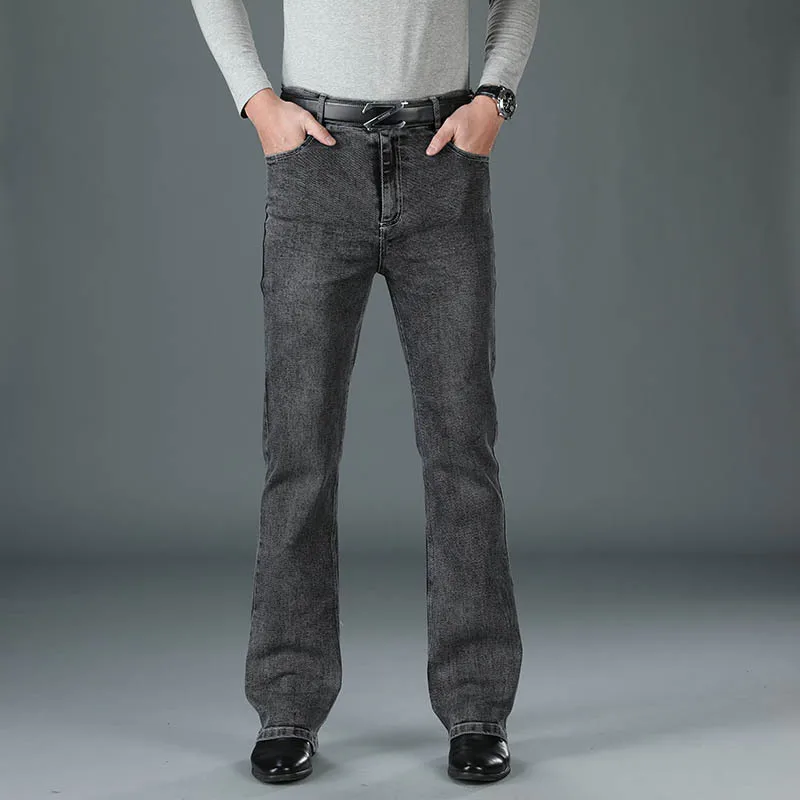 Spring Autumn Classic Men's High Waist Business Flared Jeans Grey Straight Flared Denim Trousers Male Brand Bell Bottom Pants