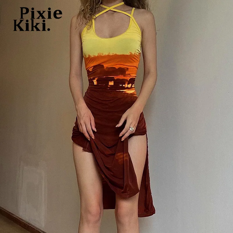 

Винтажное платье миди PixieKiki Y2k с открытой спиной и лямкой на шее, с двойным разрезом, эстетичная одежда, сексуальное летнее платье