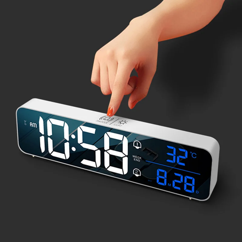 

Music LED Digital Alarm Clock Temperature Date Display Desktop Mirror Clocks Voice Control 5Level Bright Alarm Clocks Home Decor