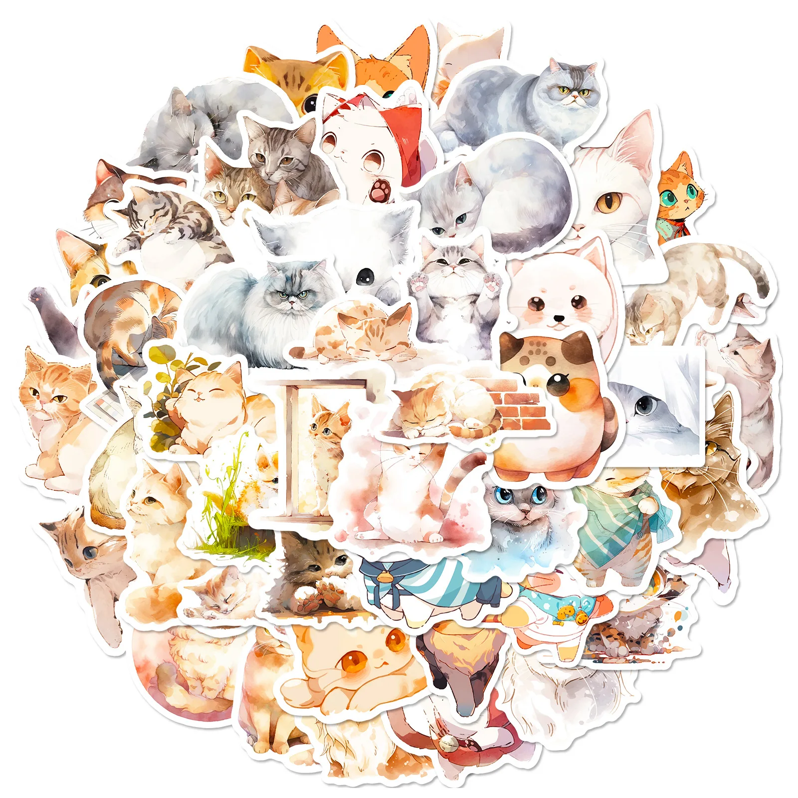 

50pcs Watercolor Cartoon Cute Cat Decoration Suitcase Guitar Skateboard Computer Notebook Waterproof Sticker
