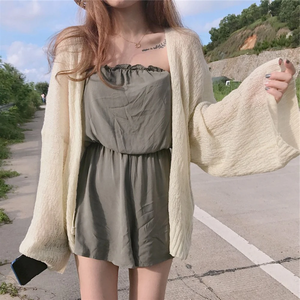 

Knitted White Cardigans Women Summer Sunscreen Long Sleeve Cropped Cardigan Korean See Through Tops Fashion Sweater